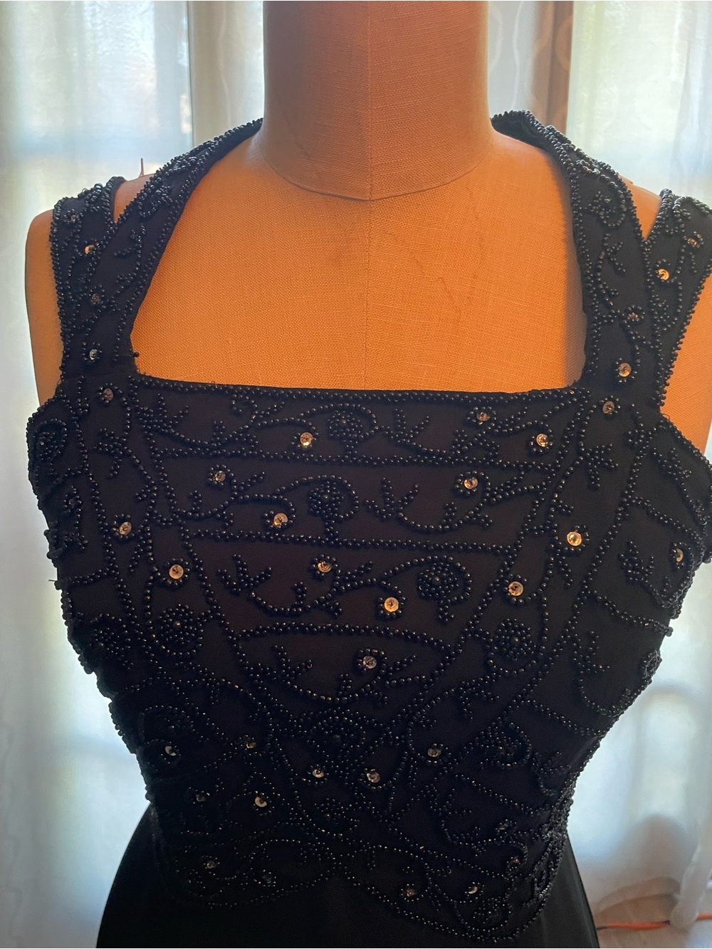 Mon Cheri Black Beaded Asymmetrical Evening Dress